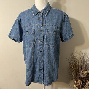 Vtg LizWear Women Blue Button Up Collared Short Sleeve Denim Shirt 100% Cotton M